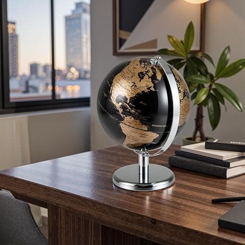 Toolsempire 8" World Globe, Black Earth Globe with Gold Accents, Metal Stand, Non-slip Base & Time Zone, Decorative Tabletop Desk Globes for Classroom, Office & Home thumbnail 2