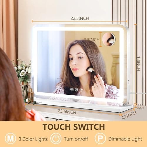 Ratsamee 23"x 18" Vanity Mirror with Lights, Led Makeup Mirror, Lighted Makeup Mirror with 3 Color Dimmable Lights, Smart Touch Screen Control, Aluminum Metal Frame,USB Charging Port thumbnail 2