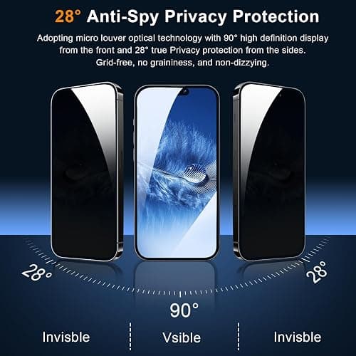QHOHQ 3 Pack Privacy Screen Protector for iPhone 15 [6.1 Inch] with 3 Pack Camera Lens Protector, Anti Spy Tempered Glass Film, 9H Hardness, HD, Bubble Free, Case Friendly - Black thumbnail 2