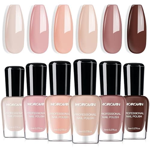 Morovan Nude Nail Polish Set: 6PC Neutral Pink Milky Skin Color Nail Polish Kit Pale Beige Cream Taupe Tan Brown Natural Mini Summer Manicurist Beautify Women Girls Gift - Image 1