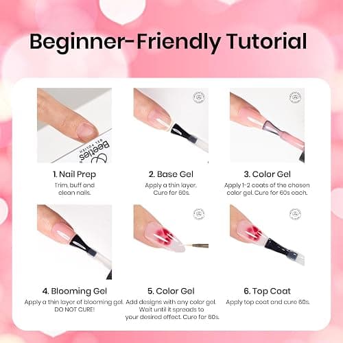 Beetles Blooming Gel Nail Polish Kit - Hema Free Clear Blooming Gel with Red Nail Polish & Nail Art Brush, Soak Off UV/LED for Flower Marble Watercolor Nail Designs DIY Gift Set thumbnail 5