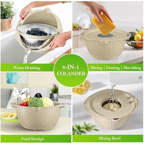 4-1 Colander with Bowl Set - Rotatable Strainers for Kitchen, Food Strainers and Colanders, Funny Presents for Women, Fruit Cleaner, Veggie Wash, Aesthetic Kitchen Gadget Essentials - Beige thumbnail 3