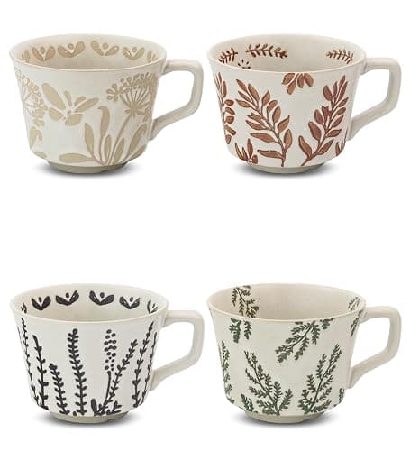 LINVIA Ceramic Coffee Mug, 12 oz Novelty Unique Teacup with Large Handle, Stoneware Cup for Tea Mocha Latte Cappuccino Espresso (Set of 4, Butterfly Grass Ivy and Leaf) - Butterfly Grass Ivy and Leaf - 4 Packs - Image 1