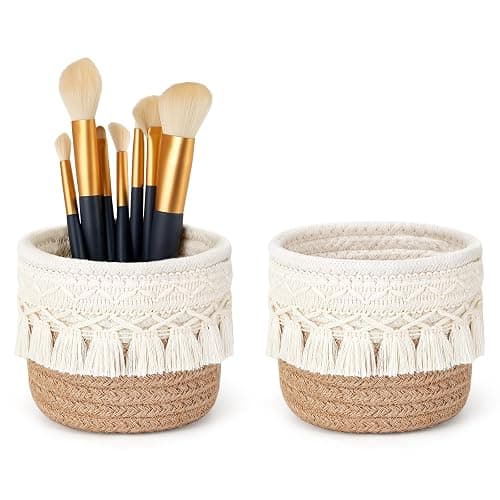 Mkono Macrame Makeup Brush Holder, Boho Mini Storage Basket Set of 2 | X-Small 3.9"W x 3.9"H, Yellow and White, Comb Pens Tiny Succulents Holder, Bedroom Vanity Living Room Bathroom Dorm Office - Image 1
