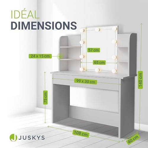 Juskys Coiffeuse Bella avec Miroir, éclairage LED, tiroir et 4 étagères, 108x40x140cm, Coiffeuse cosmétique Lumineux - Table de Maquillage pour Adulte et Enfant Fille - Blanc thumbnail 2