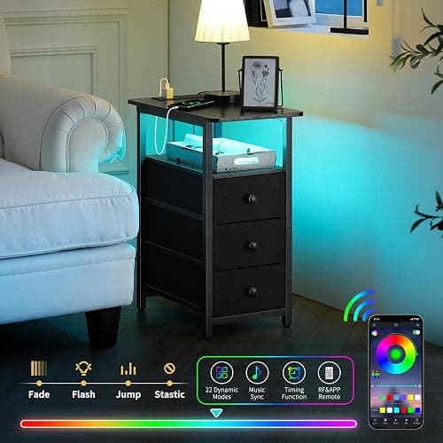 Yoobure End Table with Charging Station, LED Narrow Side Table Bedside Table, Small Night Stand End Tables Living Room, Skinny Nightstand with 3 Fabric Drawers, Side Tables Bedroom for Small Spaces thumbnail 4