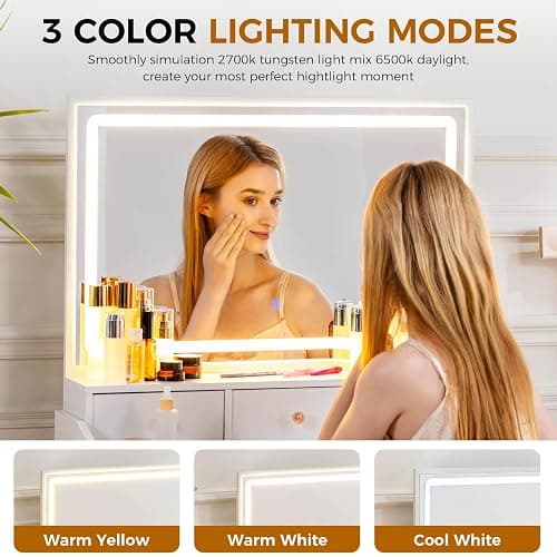COMHOMA Makeup Vanity Desk with Mirror and Lights, Vanity Table and Chair Set with 5 Drawers and Charging Station, Bedroom Dresser LED Mirror Stepless Dimmable & 3 Color Modes Adjustable, White thumbnail 4