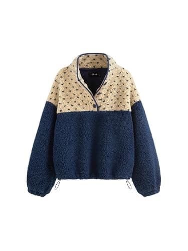 CIDER Fleece Stand Collar Two Tone Patchy Drawstring Oversized Sweatshirt - Image 1