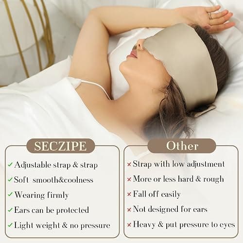 SECZIPE 100% Mulberry Silk Sleep Mask Eye Mask for Women Man with Adjustable Band, for Side Sleeper Blackout Sleep Mask for Travel Rest and Office Large Size (Taupe) thumbnail 7