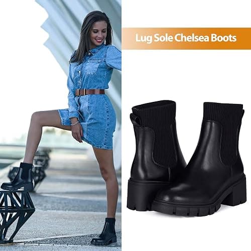 Athlefit Women's Chelsea Boots Fashion Slip on Platform Ankle Boots Lug Sole Chunky Booties thumbnail 2