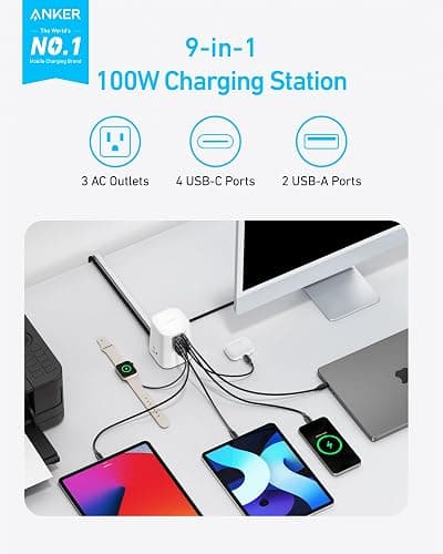 Anker Desktop Charger, 9-in-1 Power Strip with 300J Surge Protector, 5ft Flat Plug Extension Cord with Multiple Devices, 100W USB C Charger with 3 AC, 2 USB A, 4 USB C, Home Office, Desk Accessories thumbnail 2