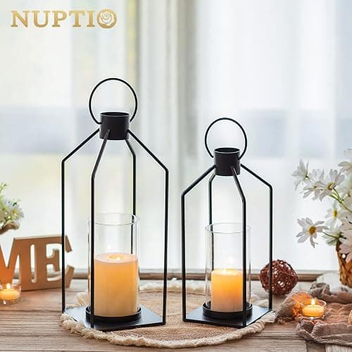 Nuptio Decorative Lantern Candle Holder: 2 Pcs Glass Hurricane Pillar Candles Holders Rustic Black Metal Hanging Lanterns Decor for Outdoor Wedding Farmhouse Home Fireplace Christmas Halloween thumbnail 5