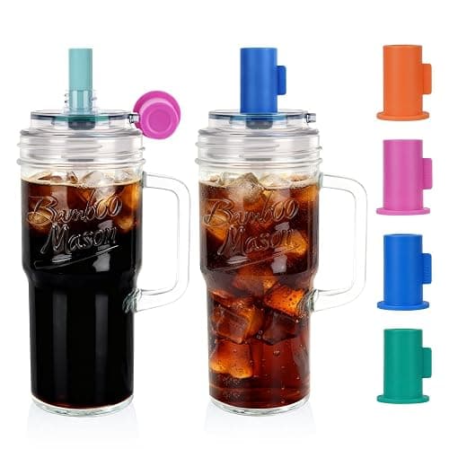 Bamboo Mason Leakproof Mason Jar Cups with Lids and Straws, 24oz Glass Tumbler with Handle, Leak-Proof Rotating Lid & Silicone Straw, Reusable Iced Coffee & Matcha Cup Set Coffee Gifts for Women -2pc - Image 1