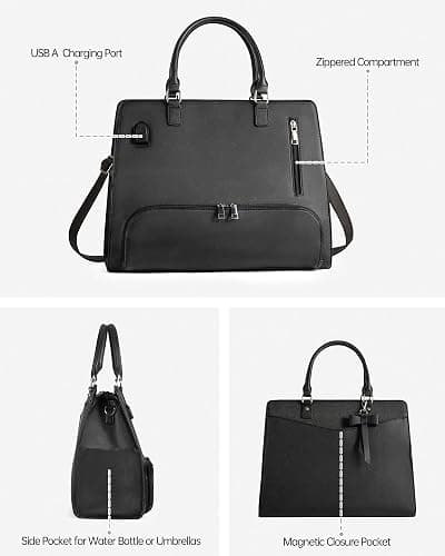 Lunch Tote Bag for Women 2 in 1 Laptop Work Bag with Lunch Insulated Compartment and Purse Combo Waterproof PU Leather 15.6 Inch Computer Crossbody and Shoulder Bag for Daily, Office, Picnic. Black thumbnail 6