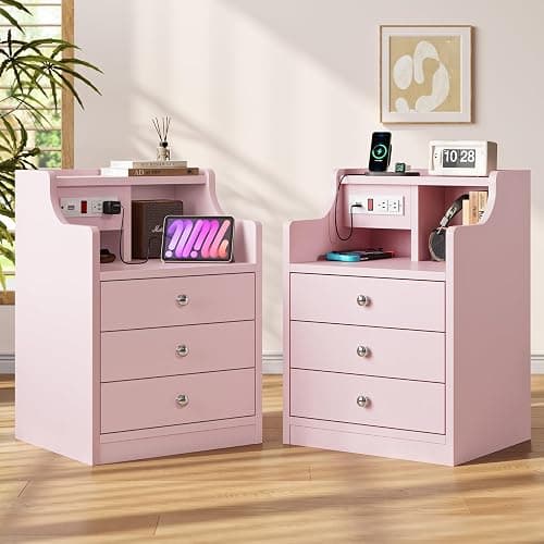 ADORNEVE Night Stand Set 2,Pink Nightstand with Charging Station & Hutch,Night Stands for Bedrooms Set of 2,Bedside Table with Drawers - 2PC - Pink - Image 1