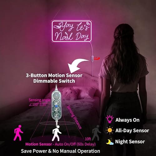 Yay It's Nail Day Neon Sign, Pink Neon Sign with 3D Carving Butterfly，Nails Neon Signs for Wall Decor, Bedroom - 3-Mode Dimmable USB Powered Salon Decor, Gifts for Nail Tech 16x8.8 Inches thumbnail 7