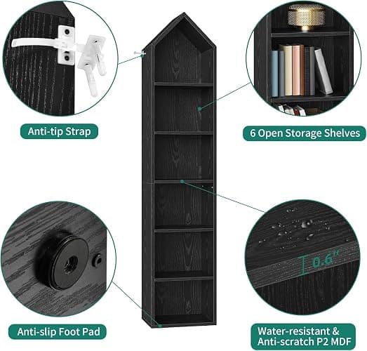 YITAHOME 73" Tall Narrow Bookshelf, Modern Open 5 Tier Bookcase, Wooden Shelf Stand for Small Spaces, Display Shelving Storage Rack for Bedroom, Living Room, Home Office, Black - Black - without wine rack thumbnail 9