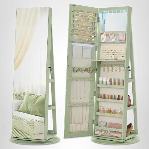 SONGMICS 6 LEDs Lockable Mirror Jewelry Cabinet, 360° Swivel Jewelry Organizer Armoire Standing, Frameless Full-Length Mirror, 3 Storage Shelves, Laurel Green Surface, Cream White Lining UJJC007C01 thumbnail 7