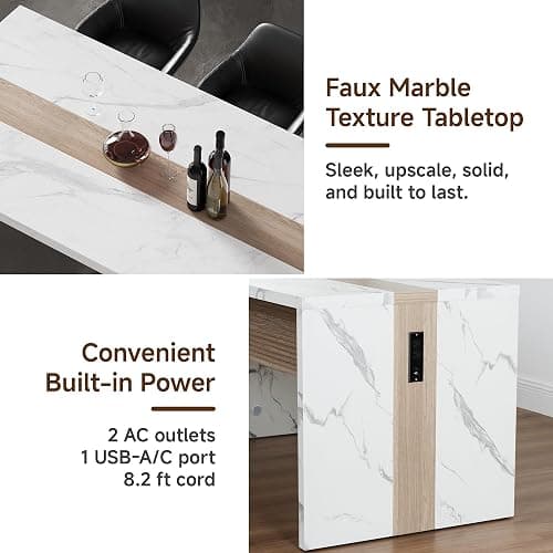 63" Large Island Table for Kitchen with Charging Station,Faux Marble Wooden Dining Table for 4-6 People,Modern Luxury Kitchen Island with Multi-Color LED Mood Lighting & Stylish Grill Design thumbnail 7