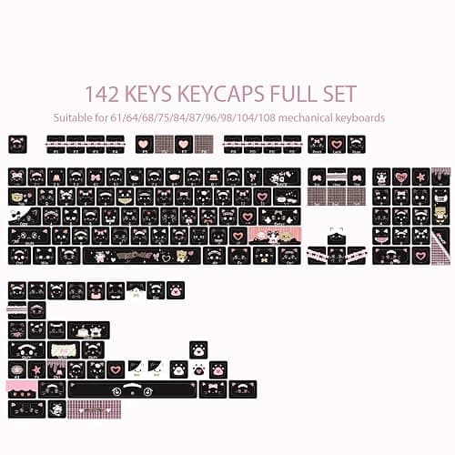 TYRIXKI PBT Keycaps 142 Keys Cute Keycaps Dye-Sublimation Black Cat Keycap Mao Profile Custom Keycap for Cherry Gateron MX Swithes Mechanical Keyboards thumbnail 4