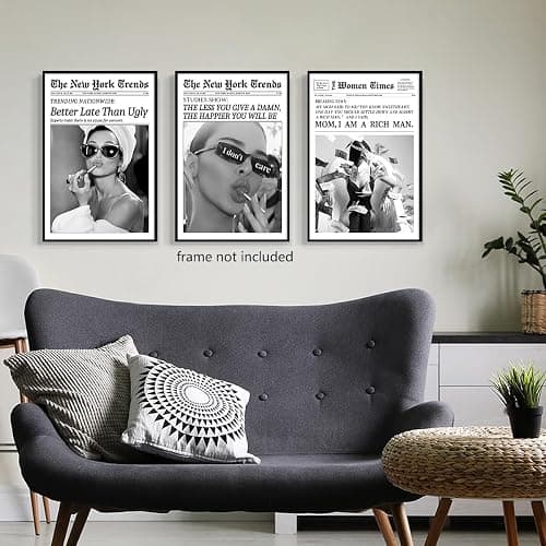 Yuaruo Set of 3 Trendy Newspaper Canvas Wall Art, Funky Better Late Than Ugly Wall Art Print, Vintage Black and White Room Aesthetic Posters, Hot Girl College Dorm Wall Decor 24x36in Unframed thumbnail 2