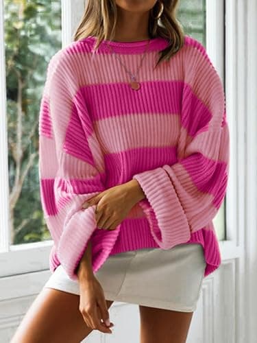 Simier Fariry Women Fall Oversized Pullover Sweater Drop Shoulder Long Sleeve Comfy Knitwear Retro Stripe Casual Outfit 2025 thumbnail 2