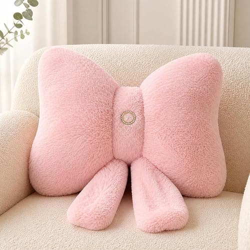 Pink Bow Pillow 12x9 Inch, Cute Plush Accent Pillow, Coquette Room Decor | 3D Bow Design; Soft Plush Material Decorative Accent Pillow; Back Strap with Snap Closure Coquette Room Decor for Teen Girls - Image 1