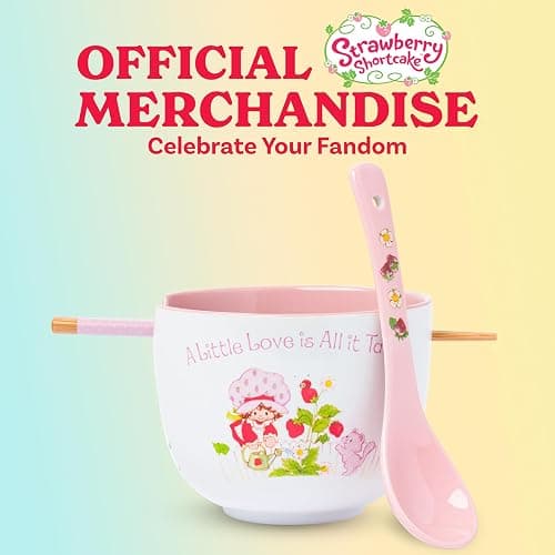 Silver Buffalo Strawberry Shortcake and Custard “A Little Love is All it Takes” Ceramic Ramen Bowl with Chopsticks and Spoon, 20 Ounces thumbnail 6