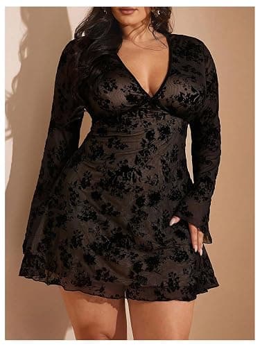 WDIRARA Women's Plus Size Floral Mini Dress Mesh Goth A Line Dresses | V Neck，Long Sleeve thumbnail 4