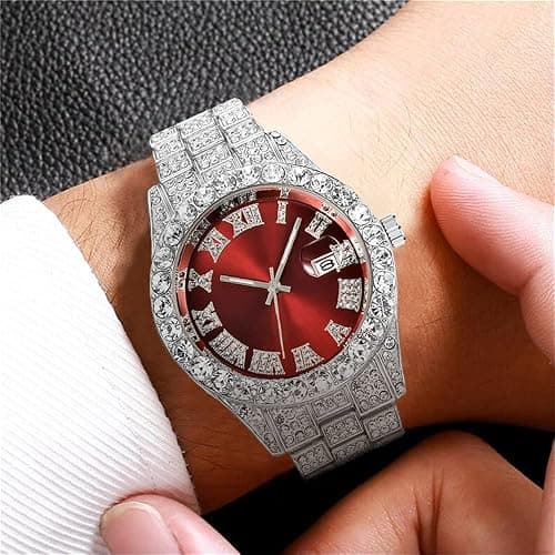 SENRUD Men's Diamond Watch Fashion Crystal Rhinestone Quartz Analog Watch Iced-Out Bracelet Wrist Watch thumbnail 3