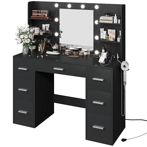 YESHOMY Vanity Desk with Mirror, Power Outlet and 10 Lights, Makeup Table with 7 Drawers, 3 Color Modes Available for Bedroom, Pure Black thumbnail 9