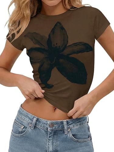 Tankaneo Womens Y2K Graphic Baby Tees Summer Floral Vintage Short Sleeve Tops Slim Fit Cropped T-Shirts - Image 1