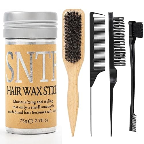 4 Pack Slick Back Hair Brush with Wax Stick, Boar Bristle Hair Brush & Sleek Brush & Wax Stick Set for Hair Smooth Frizz & Flyaways - Image 1