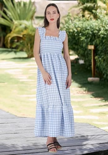 chouyatou Women's Retro Plaid Smocked Dress Spaghetti Strap Flounce Long Dress thumbnail 5