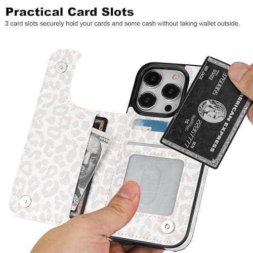 HAOPINSH iPhone 15 Pro Case Wallet with Card Holder, White Leopard Cheetah Pattern PU Leather Kickstand Case for Women, Double Magnetic Clasp, 6.1" thumbnail 3