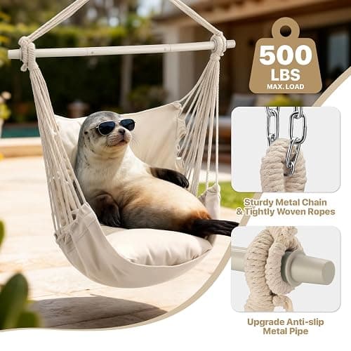 MoNiBloom Hammock Chair Hanging Rope Swing w/2 Cushions, Boho Macrame Hanging Chair Max 350 lbs Capacity w/Side Pocket for Adults Indoor/Outdoor, Living Room Bedroom Comfy Reading Swinging Chair thumbnail 4