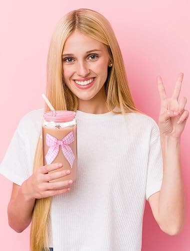 Pecfamly Aesthetic Cute Preppy Pink Bow Trendy Teen Girl Stuff Birthday Gifts for Teen Girls, Clear Reusable Iced Coffee Matcha Boba Tea Smoothie Patron Reusable Glass Cups Tumbler with Lid and Straw thumbnail 8