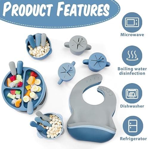 Yinder 24 Pack Silicone Baby Feeding Set Baby LED Weaning Set, Ocean | for Babies 6+ Months, Suction Plate Bowl, Adjustable Bib, Snack Cup Straw, Soft Spoon Fork, Baby Mealtime, Self Feeding thumbnail 3