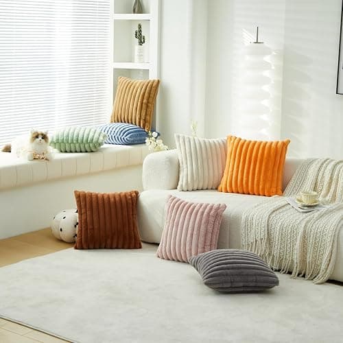 Sunday Praise Faux Fur Plush Decorative Throw Pillow Covers 16x16 Pink | Set of 2, Soft Plush Striped, Modern Home Décor, Farmhouse Boho Accent Cushion Covers for Couch Sofa Bed Living Room thumbnail 6