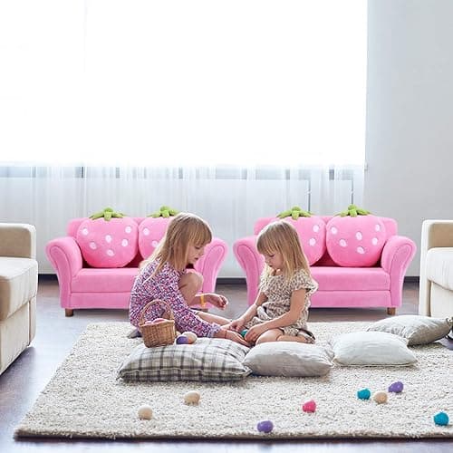Costzon Kids Couch, Double Seat Pink Children's Sofa with 2 Strawberry Pillows, Toddler Armrest Chair for Bedroom, Living Room, Large Soft for Kids Loveseat Toy for Baby Girls Preschool Gifts Presents thumbnail 3