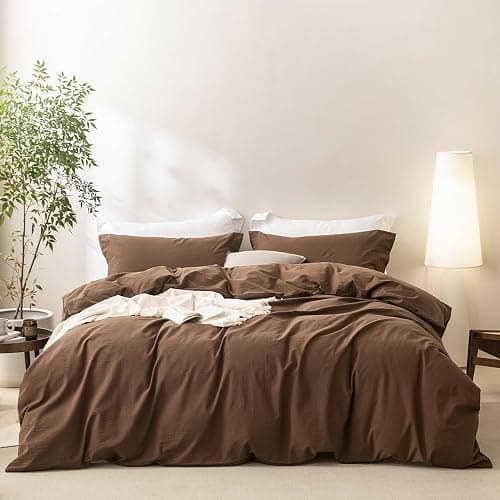 BDEAR Linen Feel Cocoa Brown Duvet Cover King Size 104'' W x 90'' L, Percale 100% Washed Cotton Duvet Cover with Zipper Closure Plus 2 Pillowcases, Oeko TEX Standard Certificated thumbnail 7