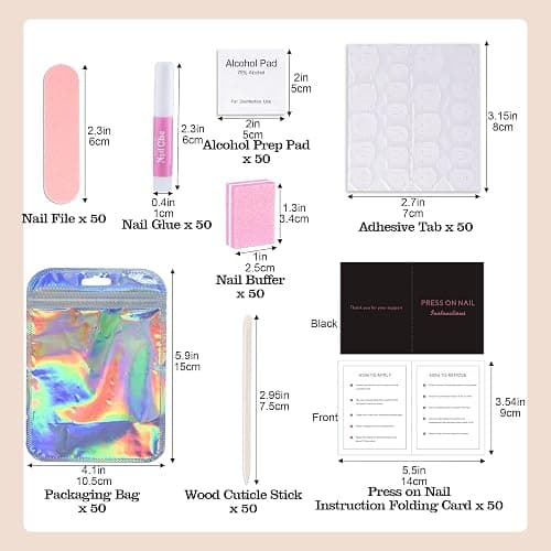 50 Set Press On Nail Tool Prep Kit for Salon Business, Disposable Manicure Kit with Nail File, Buffer, Glue, Prep Pad, Instruction Card, Adhesive Tabs, Wood Stick, Holographic Bag thumbnail 6