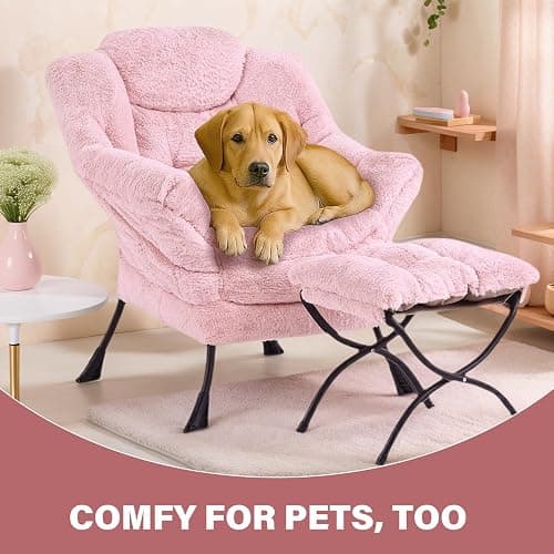 Tiita Lazy Chair with Ottoman, Pink Modern Large Accent Chair, Comfy Leisure Sofa Armchair with Ottoman, Reading Chair with Footrest for Bedroom, Living Room, Dorm Rooms, Plush Pink thumbnail 8