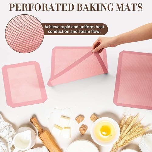 Ferrochef 3 Pack Perforated Baking Mats, 3 Pink Silicone Nonstick Mats Set | 2 Half Sheet 1 Quarter,Pink Sheet Reusable Oven Liners,Home Baking Supplies for Cookies Bread Pastry Pizza,16.5" x 11.6" thumbnail 4