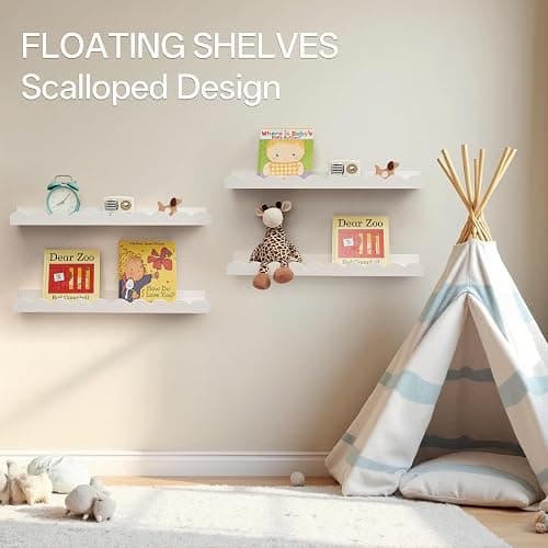 Gieanoo Floating Bookshelf, White Scalloped Nursery Book Shelf 40CM 2PCS | Pine Wood,Toddler Room Decor Wall Mounted Bookshelves for Bedroom Kids, Toddler Room, Baby Room thumbnail 7