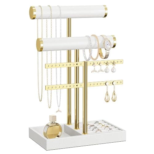 bussdis 3 Tier Bracelet Holder Display - White Leather Bracelet Holder, Detachable T Bar Jewelry Holder Organizer for Bracelet, Necklace, Earrings, Rings, Watches, Bangle - Image 1