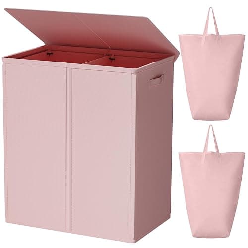 WOWLIVE 154L Double Laundry Hamper with Lid and Removable Laundry Bags, Large Dirty Clothes Hamper 2 section Collapsible Laundry Basket Dorm Room Storage for Bedroom, Bathroom, College,Pink - Image 1