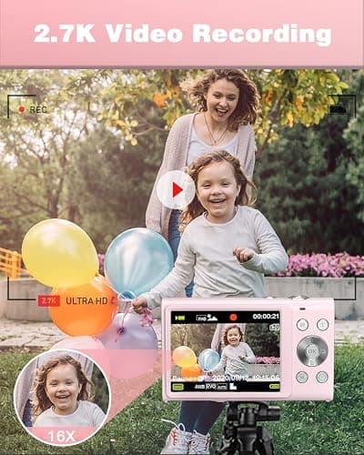Sevenat Digital Camera 48MP 2.7K Compact Pink with 16X Zoom, Image Stabilization, Autofocus, 3" Screen, FHD 1080p Video, for Teens/Students thumbnail 4