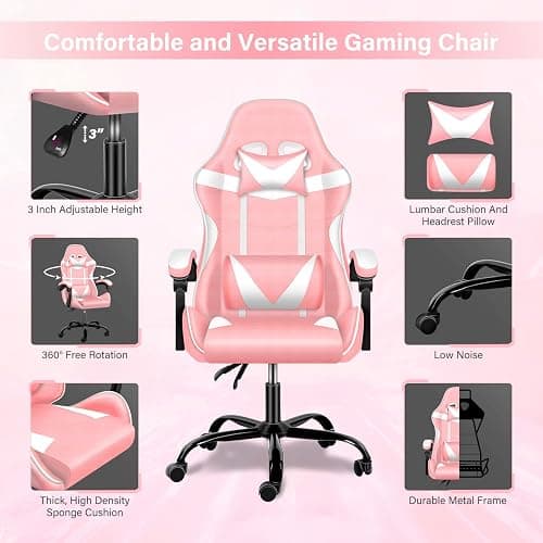 YSSOA Pink Gaming Chair, Big and Tall Gamer Chair, Racing Style Adjustable Swivel Office Chair, Ergonomic Video Game Chairs with Headrest and Lumbar Support thumbnail 7