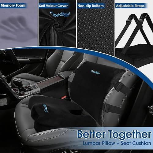CloudBliss Ergonomic Seat Cushion & Lumbar Support Pillow Set, Black,Large | Back Pain & Sciatica Relief, Memory Foam Support, Adjustable Straps, Machine Washable Velvet, Perfect for Office, Car, Gaming thumbnail 4